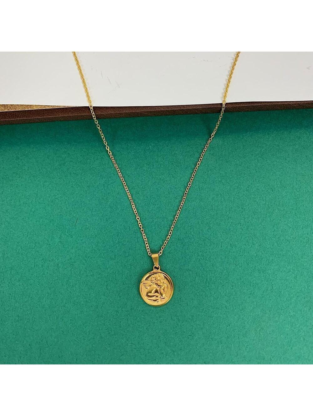 Cute Baby Angel Stainless Steel Gold Plated Circle Pendant necklace. 17.5 - Picture 5 of 7